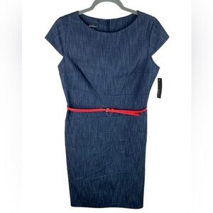 Alyx Women's Dark Blue Denim Chambray Cap Sleeve Sheath belted Dress Size 8 NEW